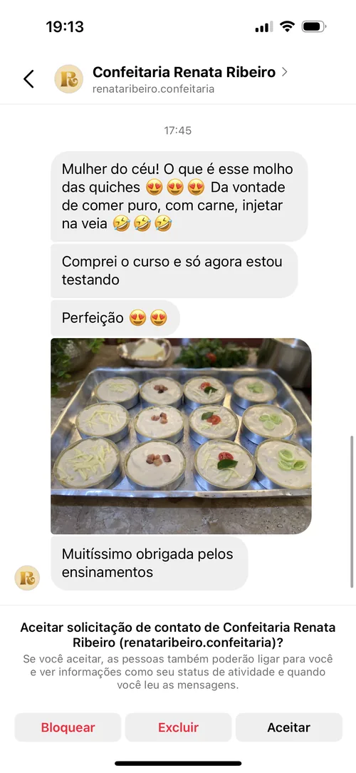 Depoimento de aluna — bandeja de quiches